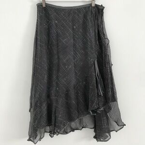 100% Silk Midi A Line Skirt Gray Chiffon Lettuce Hem Side Zip Womens M